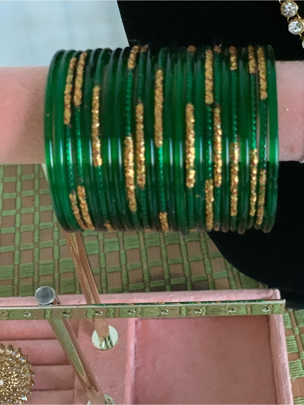Green Gold Indian Glass Bangles- Traditional Stack for Small hands